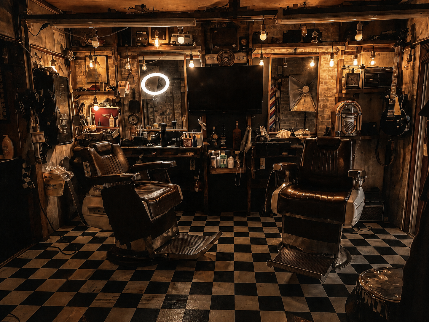 Interior da Kaizen Barber Shop com piso xadrez, cadeiras de barbeiro vintage e luz quente